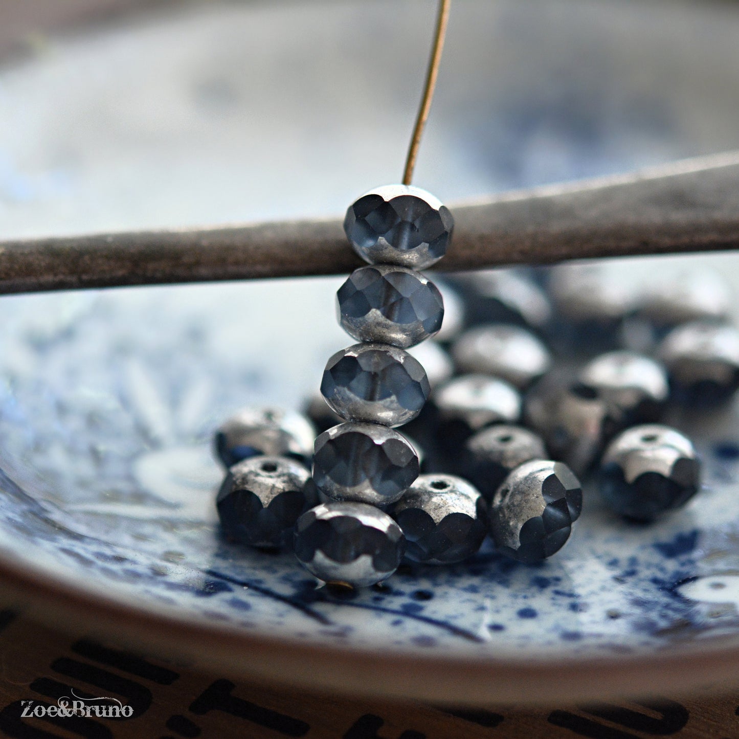 10 Transparent Montana, Slate Blue, Metallic Silver Finish, Premium Czech Glass, Facet Rondelle Beads 6x8mm.