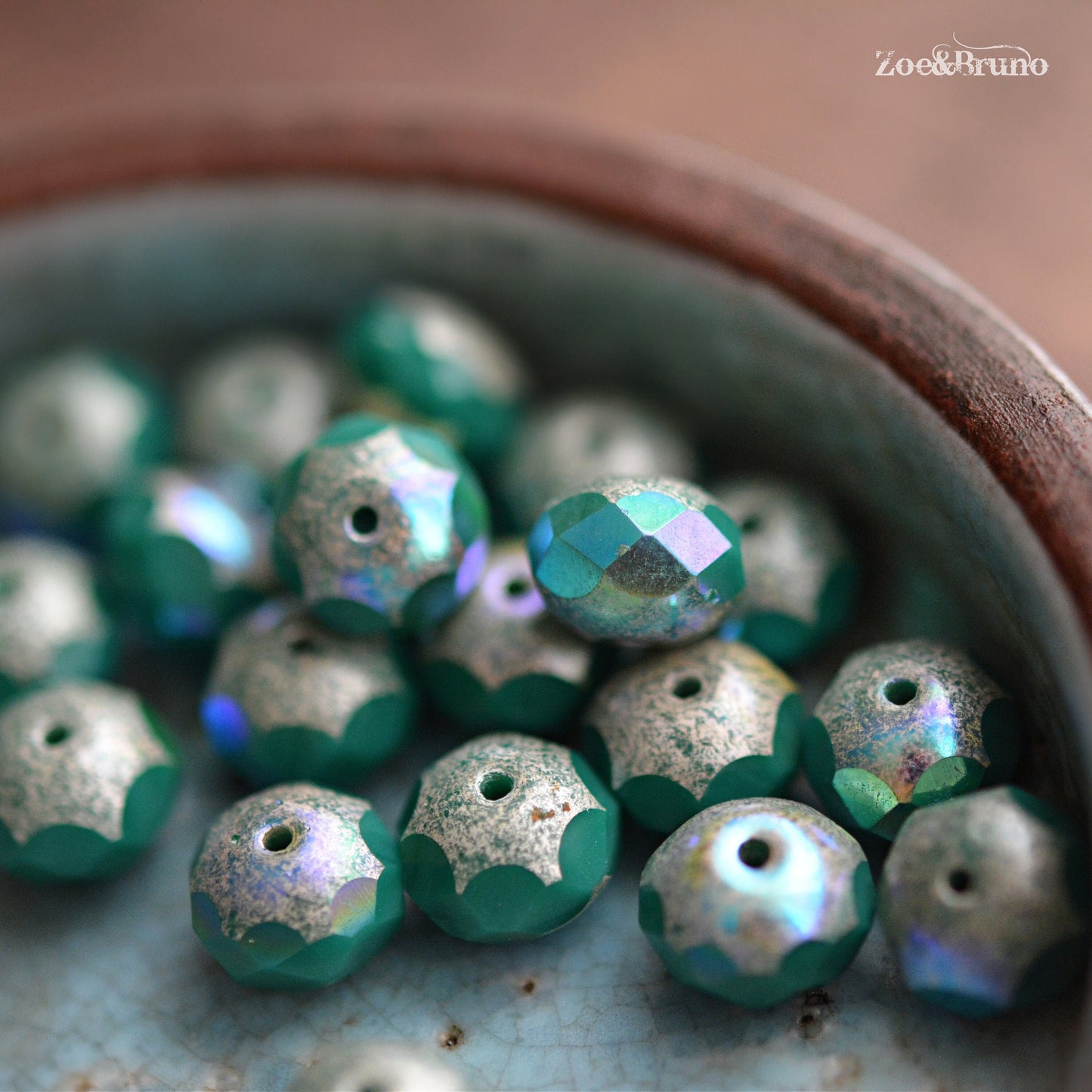 10 Opaque Sea Green, Metallic Antique Silver Finish, AB Aurora Borealis, Premium Czech Glass, Facet Rondelle Beads 6x8mm