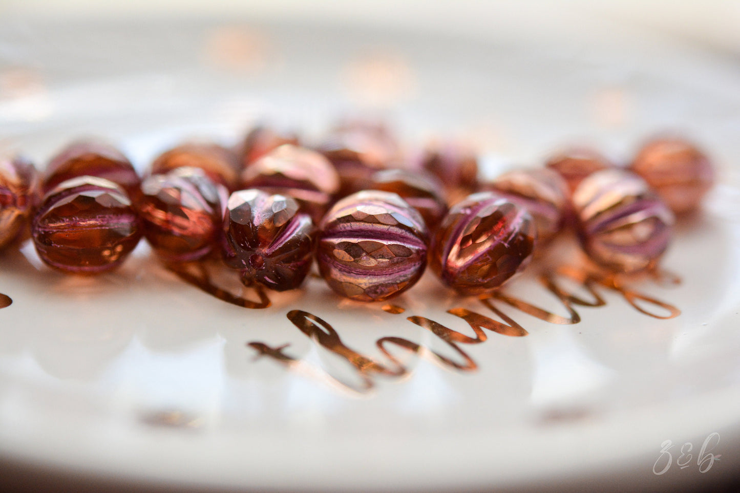 6 Transparent Peach, Copper Rainbow Luster Finish, Metallic Pink Wash, Premium Czech Glass, Faceted Melon Round Beads 10mm