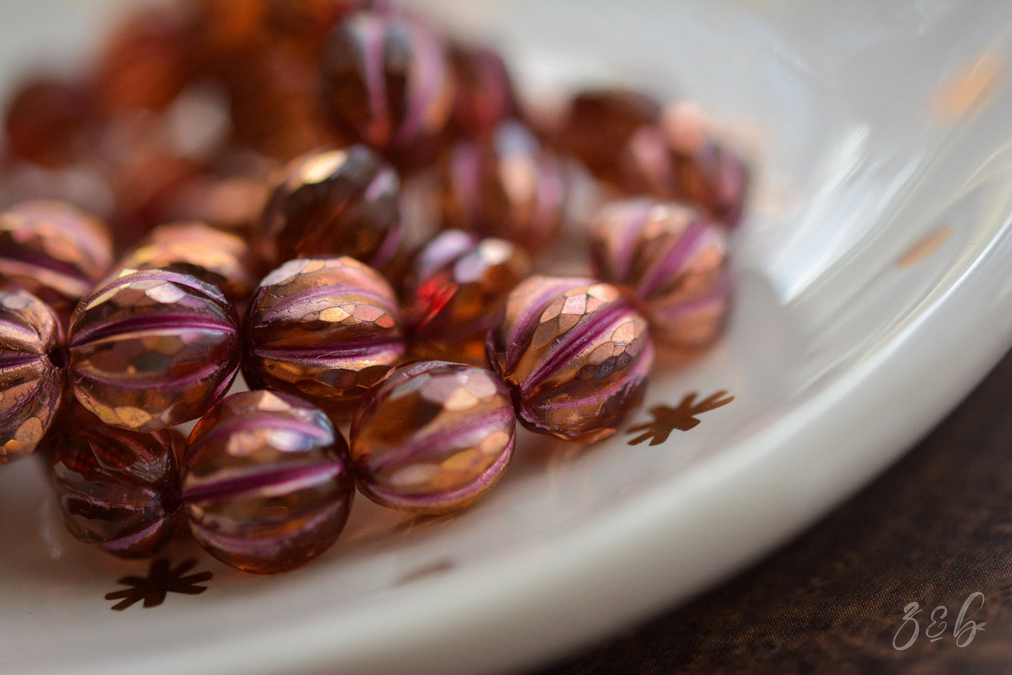 6 Transparent Peach, Copper Rainbow Luster Finish, Metallic Pink Wash, Premium Czech Glass, Faceted Melon Round Beads 10mm