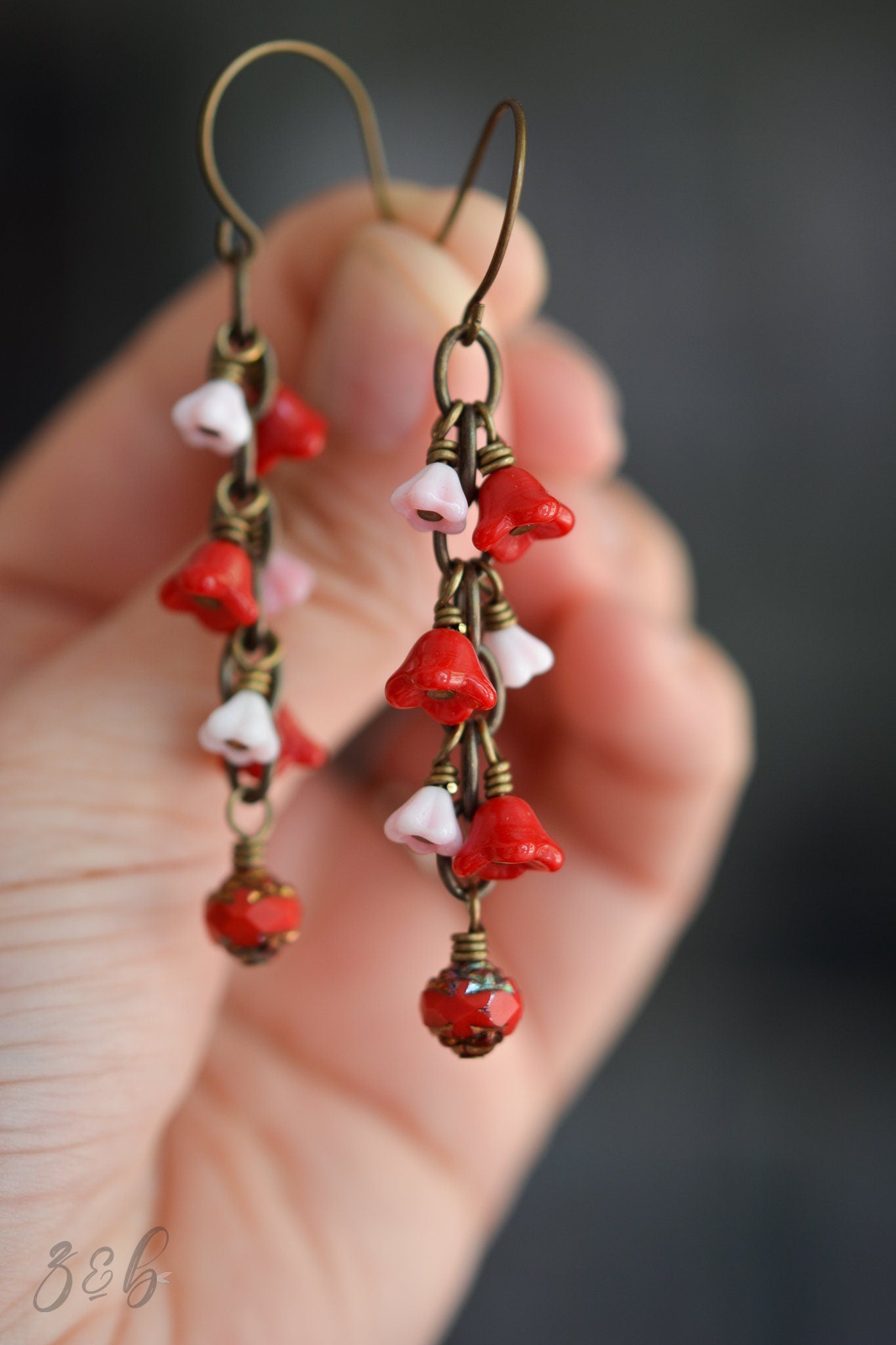 Galentines Day Earrings - Vintaj Brass, Nickel Free, Lead Free, Pure Brass, Vintage Opaque Red Czech Glass Bell Flowers, Pink Bell Flower