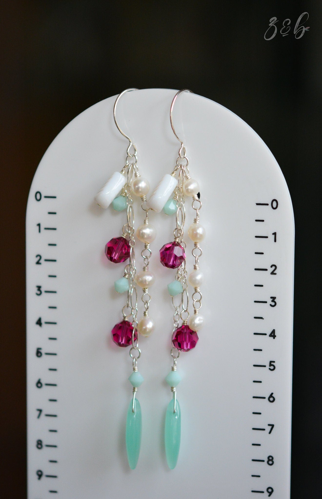 Whimsical Garden Earrings - Sterling Silver, Fuchsia, Mint Swarovski Crystals, Vintage White Leaves, Mint Green Czech Glass, Pearls