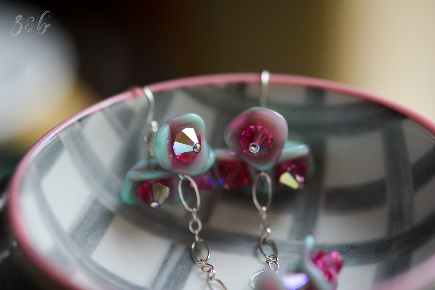 Whimsical Wonder Earrings - Handmade, Sterling Silver, Opaque Turquoise Blue, Pink Czech Glass Bell Flowers, Rose Swarovski Crystals