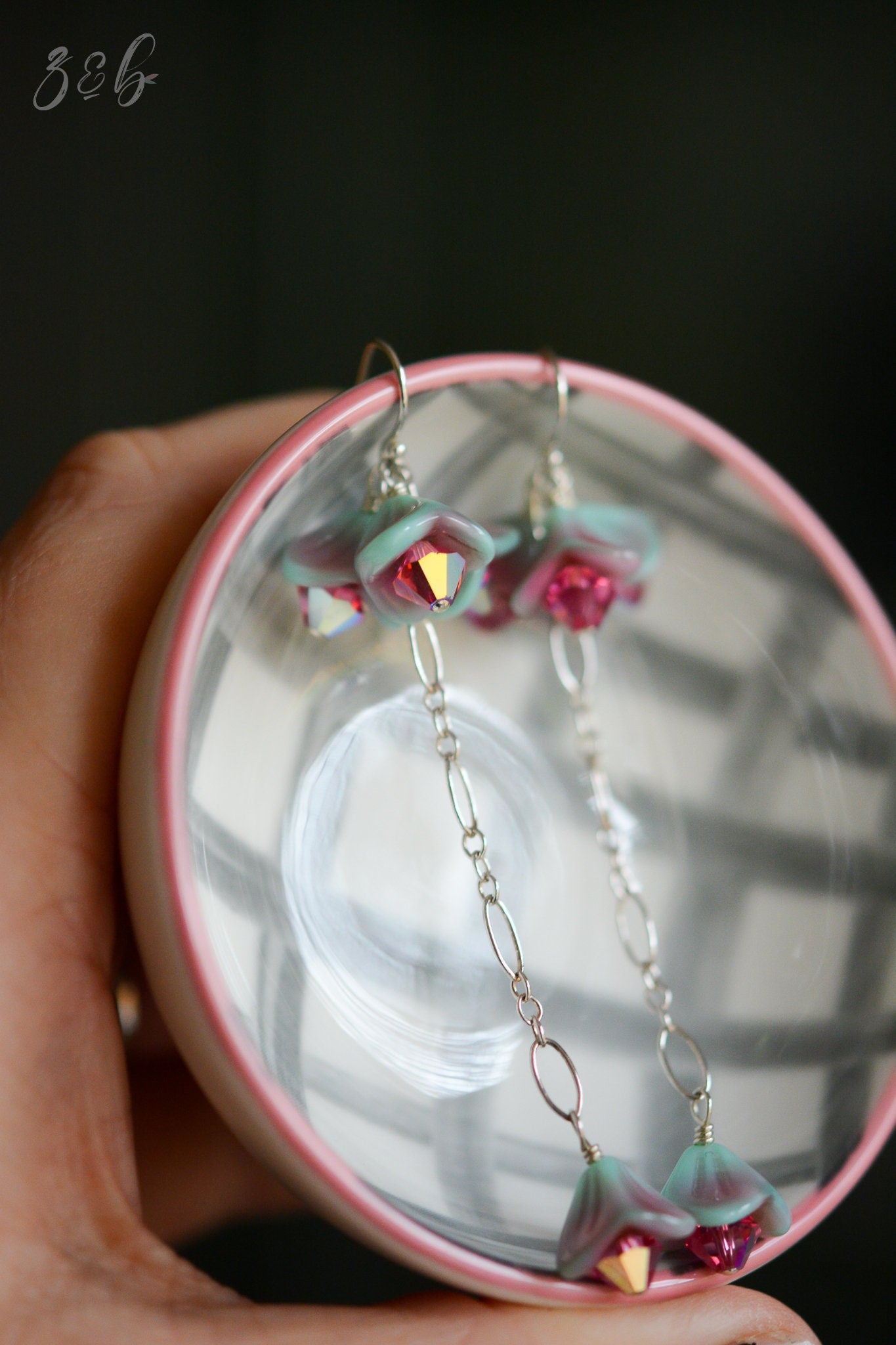 Whimsical Wonder Earrings - Handmade, Sterling Silver, Opaque Turquoise Blue, Pink Czech Glass Bell Flowers, Rose Swarovski Crystals