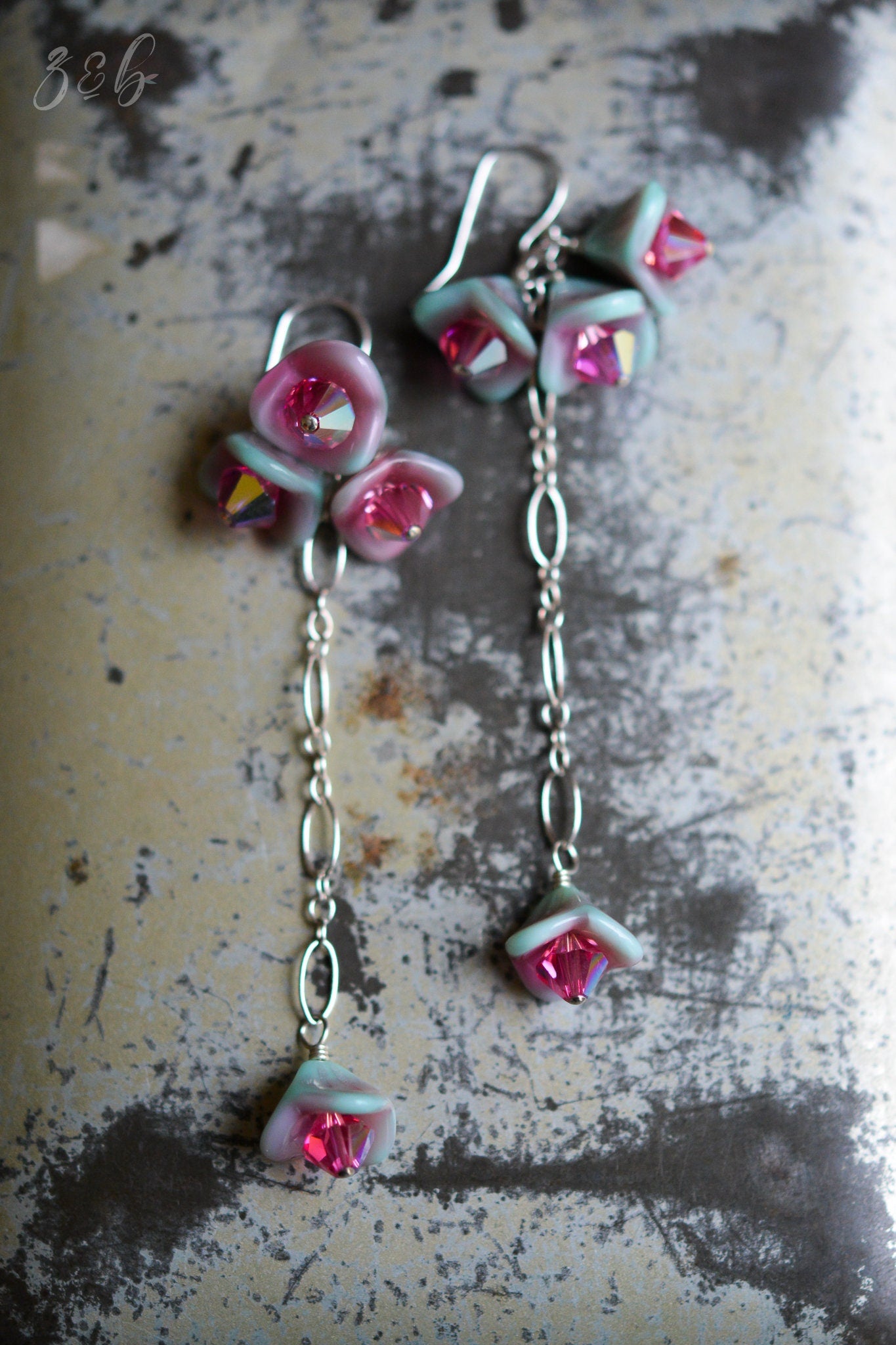Whimsical Wonder Earrings - Handmade, Sterling Silver, Opaque Turquoise Blue, Pink Czech Glass Bell Flowers, Rose Swarovski Crystals