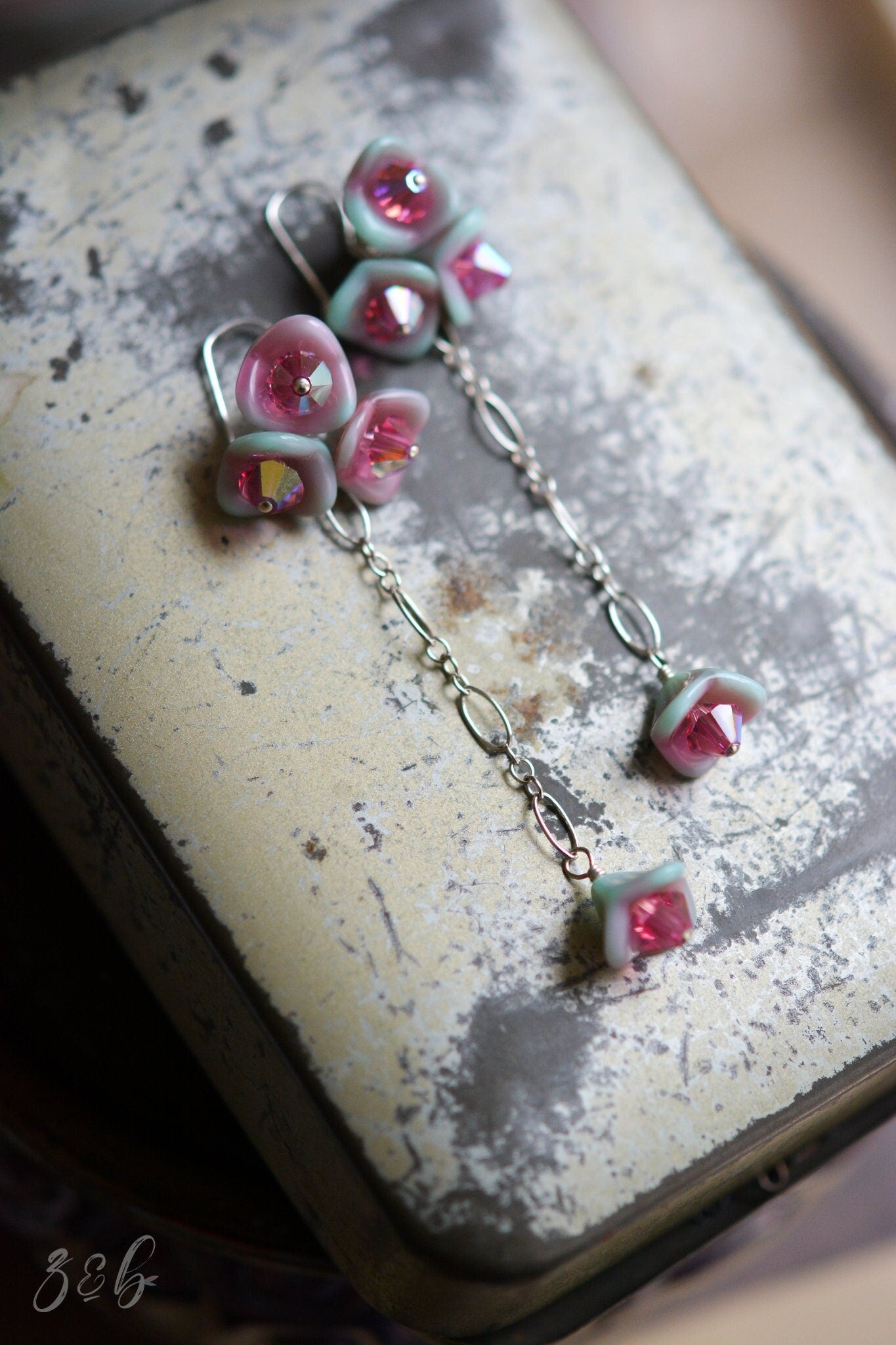 Whimsical Wonder Earrings - Handmade, Sterling Silver, Opaque Turquoise Blue, Pink Czech Glass Bell Flowers, Rose Swarovski Crystals