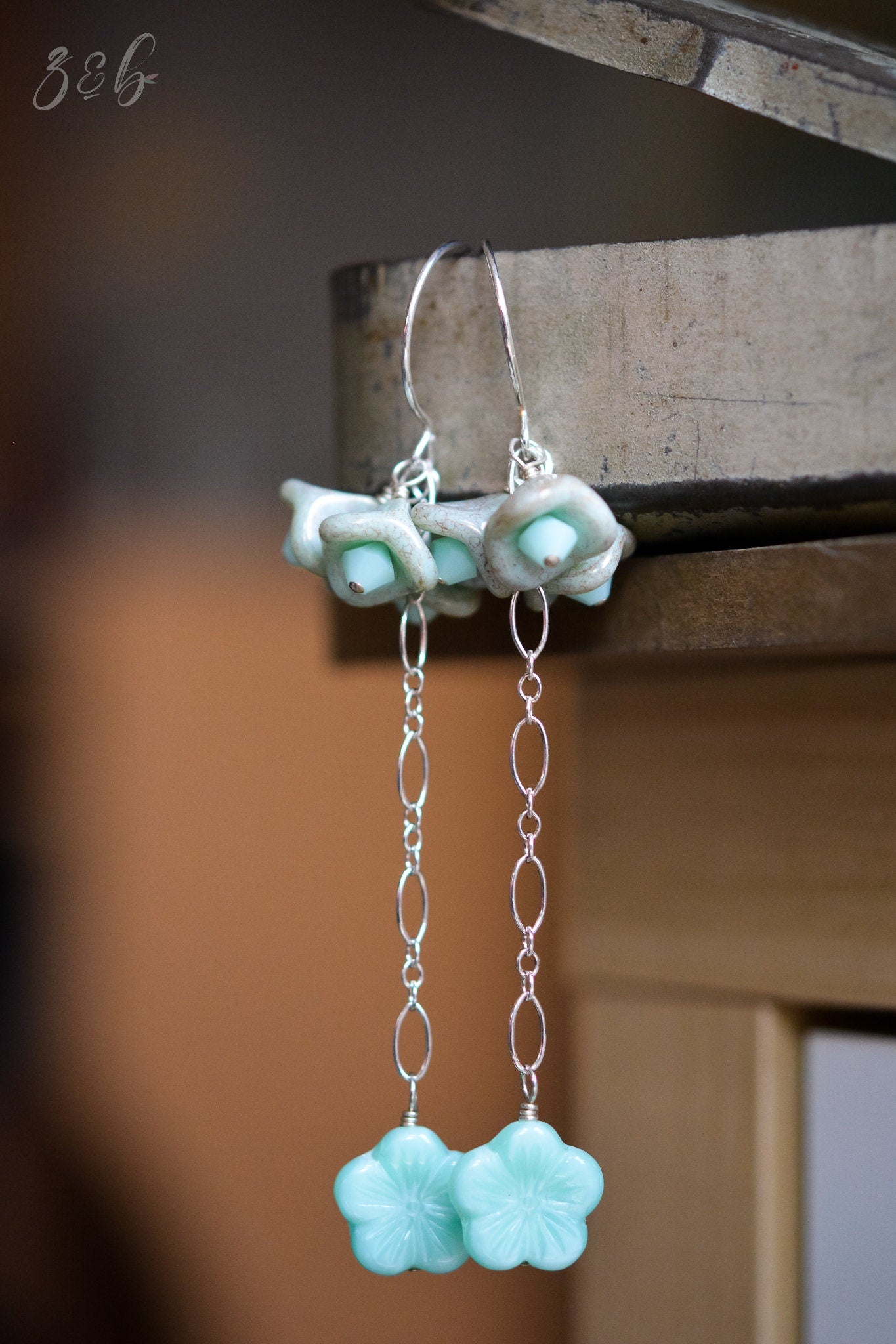 Mint Dream Earrings - Handmade, Sterling Silver, Opaque Pale Mint, Metallic Gold Czech Glass Flowers, Swarovski Crystals
