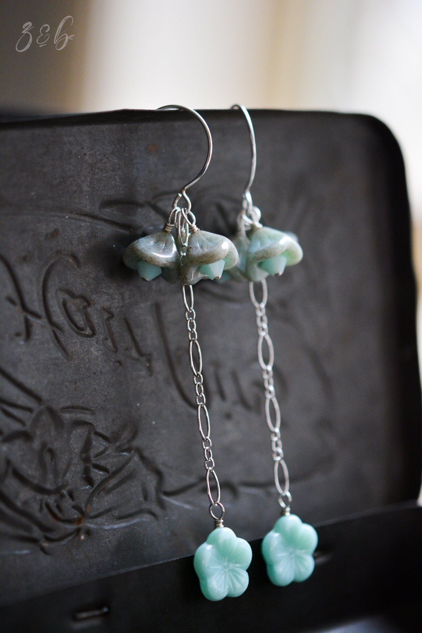 Mint Dream Earrings - Handmade, Sterling Silver, Opaque Pale Mint, Metallic Gold Czech Glass Flowers, Swarovski Crystals
