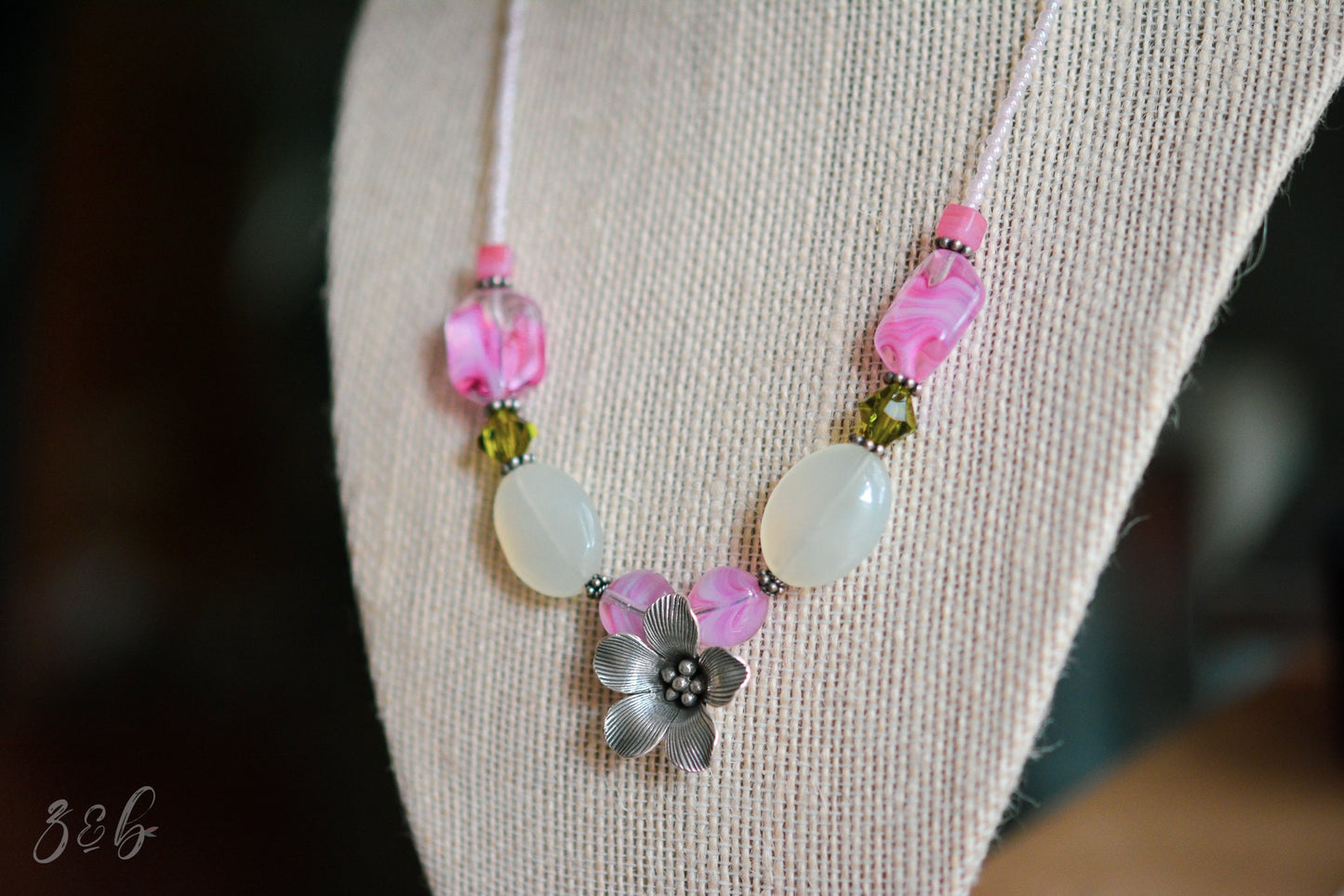 Spring Garden Necklace - Hill Tribe Sterling Silver Toggle And Clasp, Olivine Swarovski Crystals, Jade, Clear/Pink Czech Glass, Choker