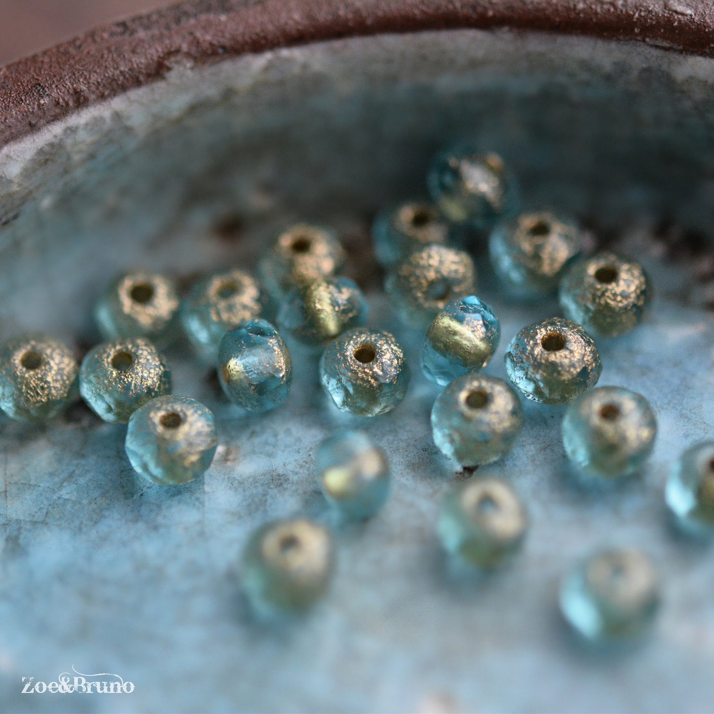 30 Translucent Baby Blue, Etched Metallic Gold Wash, Premium Czech Glass, Facet Rondelle Beads 3x5mm.