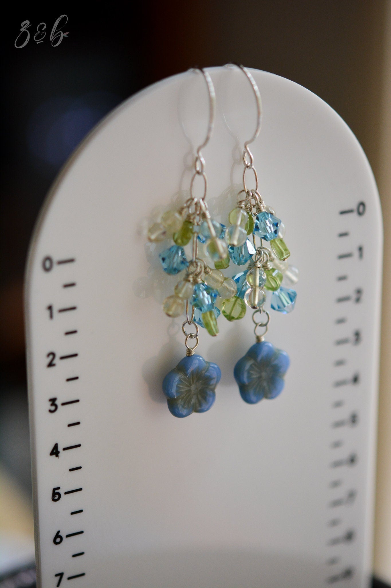 Tranquil Summer Earrings - Sterling Silver, Aqua Swarovski Crystals, Peridot, Citrine, Opaque Blue, Czech Glass, Blossom Flower Clusters