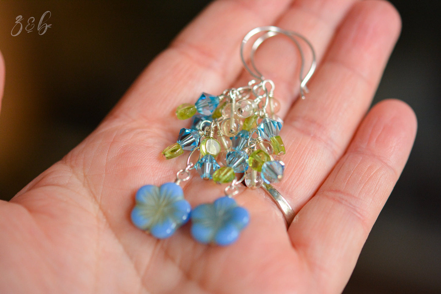 Tranquil Summer Earrings - Sterling Silver, Aqua Swarovski Crystals, Peridot, Citrine, Opaque Blue, Czech Glass, Blossom Flower Clusters