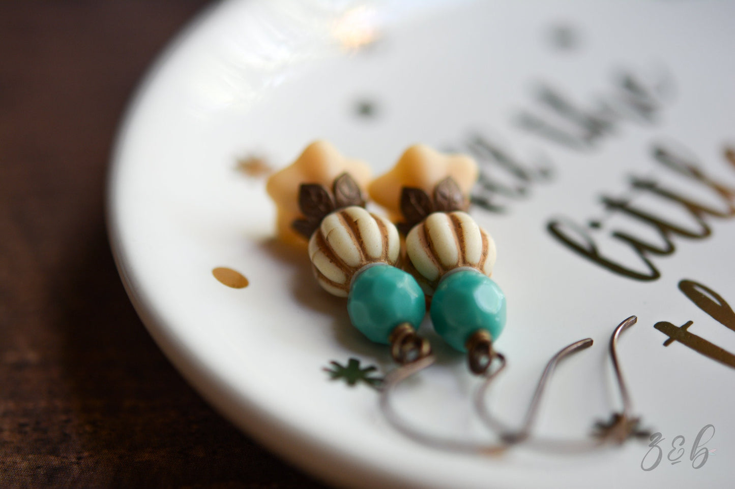 Vintage Bella Earrings - Vintaj Brass, Nickel Free, Lead Free, Turquoise, Matte Opaque Beige, Czech Glass, Vintage Lucite Beads