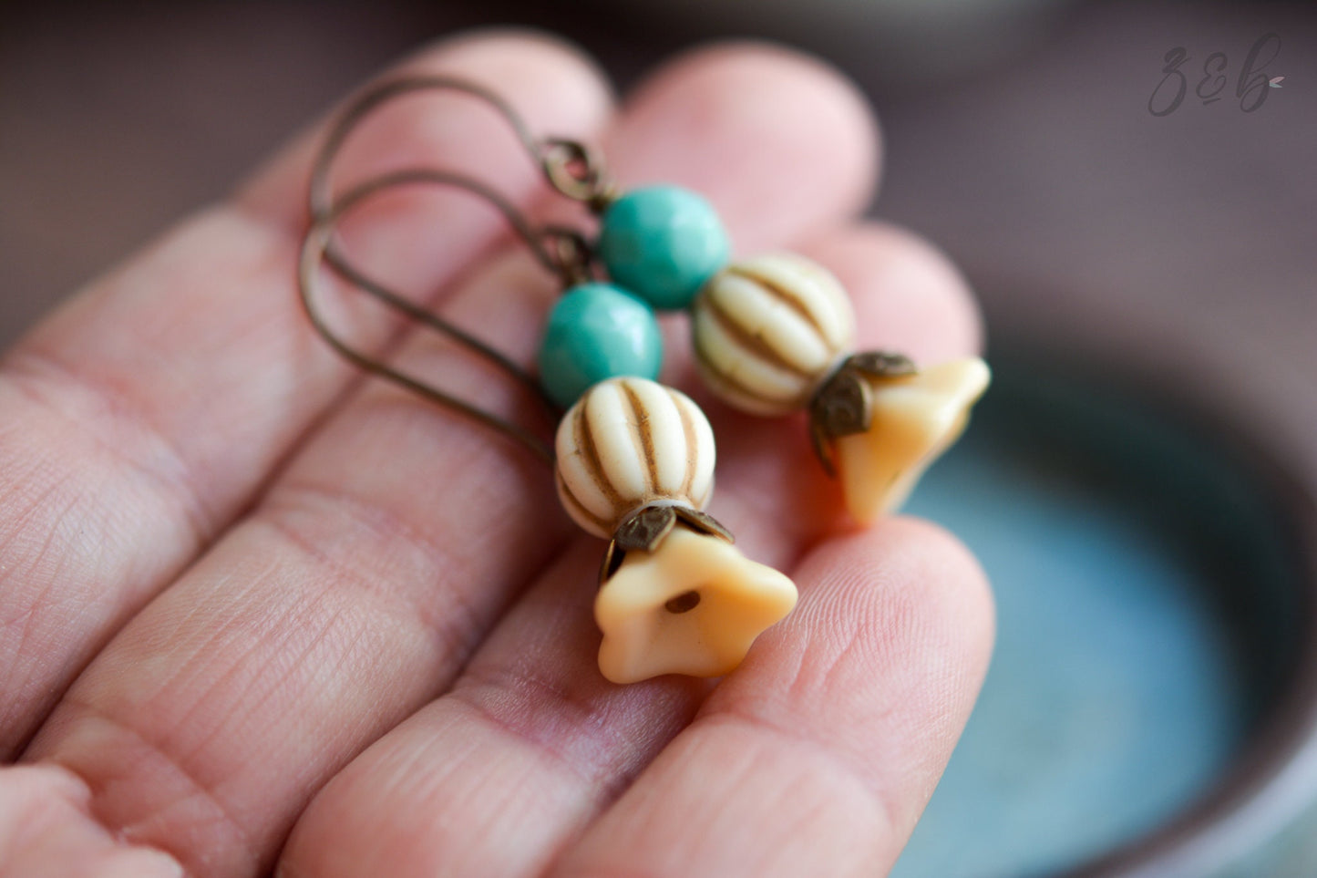 Vintage Bella Earrings - Vintaj Brass, Nickel Free, Lead Free, Turquoise, Matte Opaque Beige, Czech Glass, Vintage Lucite Beads