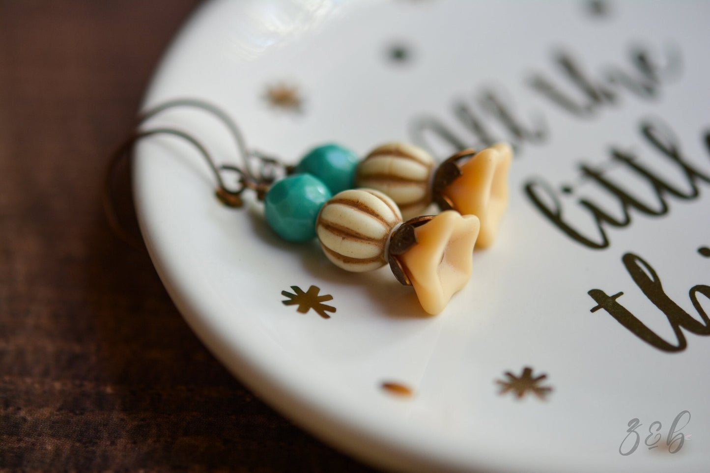 Vintage Bella Earrings - Vintaj Brass, Nickel Free, Lead Free, Turquoise, Matte Opaque Beige, Czech Glass, Vintage Lucite Beads