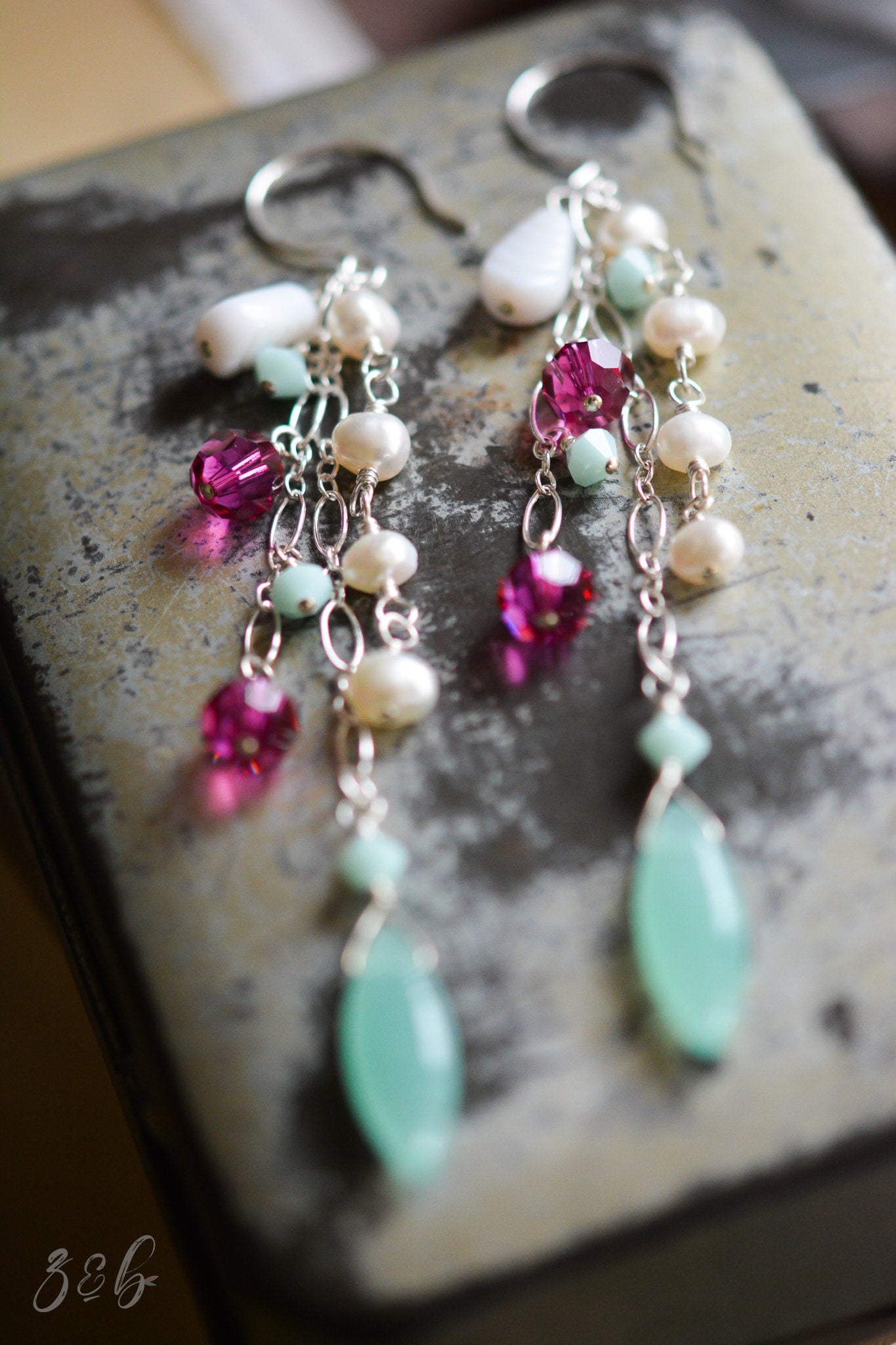 Whimsical Garden Earrings - Sterling Silver, Fuchsia, Mint Swarovski Crystals, Vintage White Leaves, Mint Green Czech Glass, Pearls