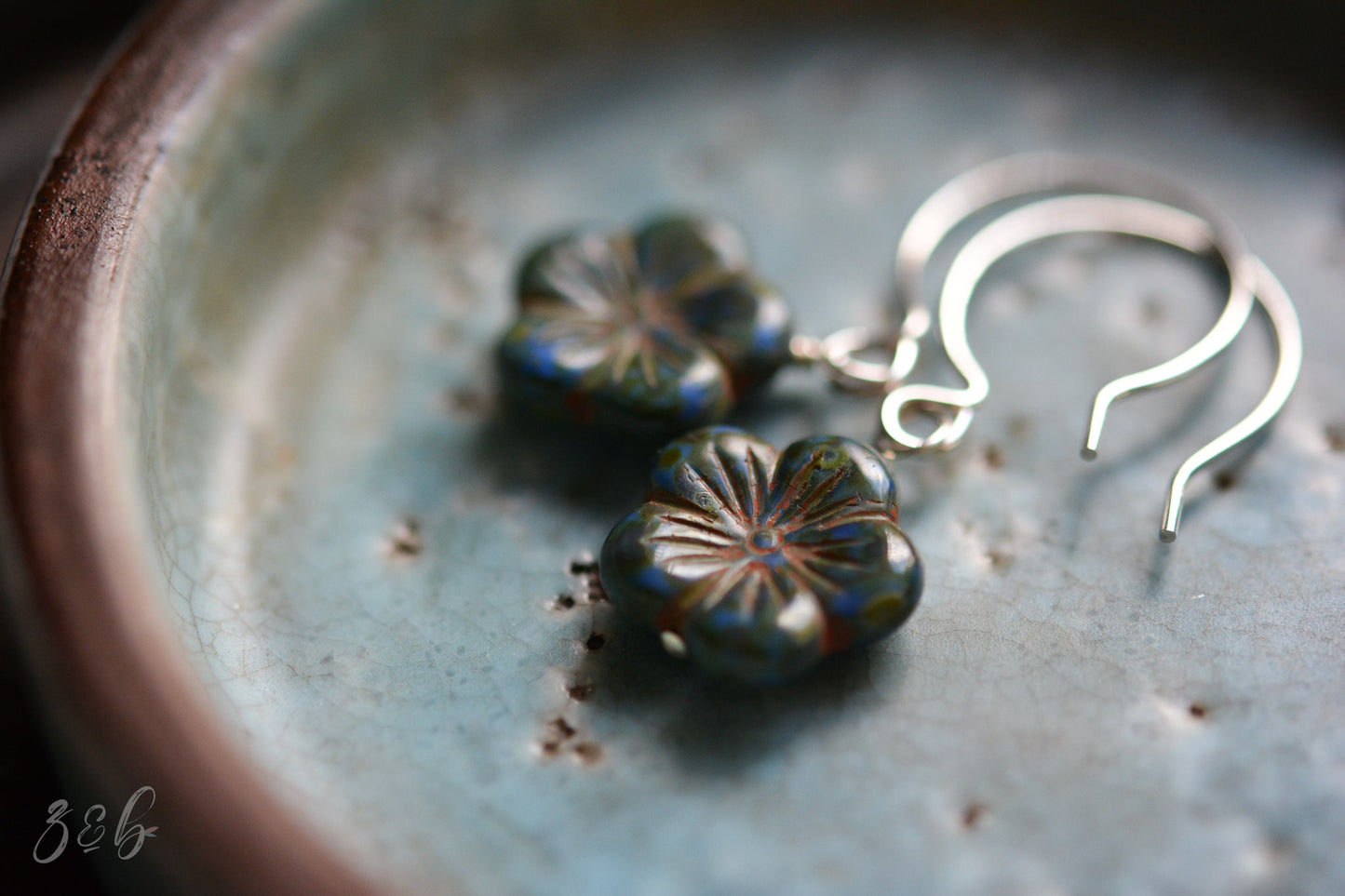 Picasso Blossom Earrings - Handmade, Opaque Green, Blue Picasso, Czech Glass Blossoms, Sterling Silver