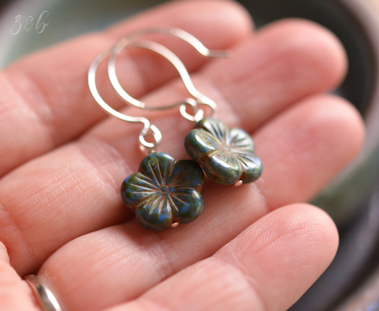 Picasso Blossom Earrings - Handmade, Opaque Green, Blue Picasso, Czech Glass Blossoms, Sterling Silver