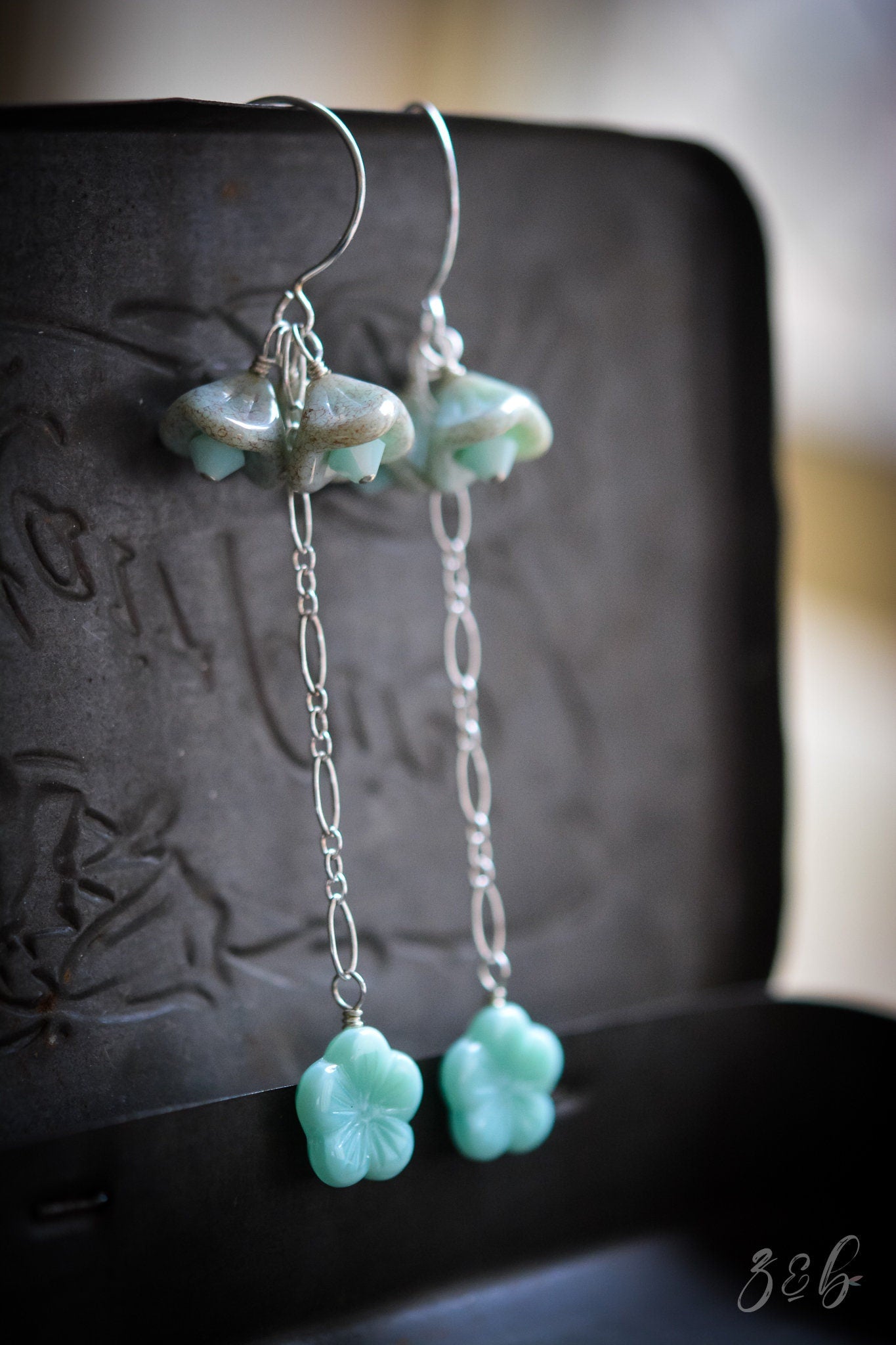 Mint Dream Earrings - Handmade, Sterling Silver, Opaque Pale Mint, Metallic Gold Czech Glass Flowers, Swarovski Crystals