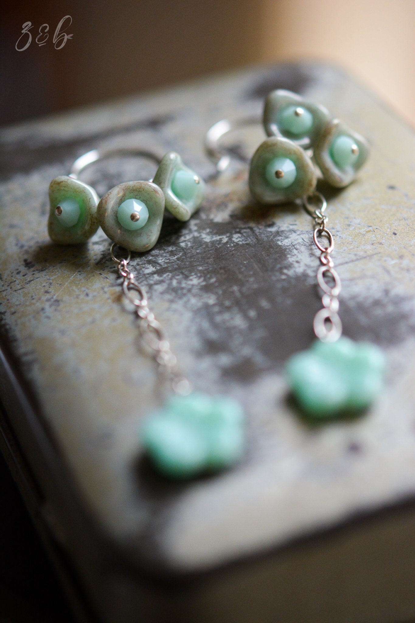Mint Dream Earrings - Handmade, Sterling Silver, Opaque Pale Mint, Metallic Gold Czech Glass Flowers, Swarovski Crystals