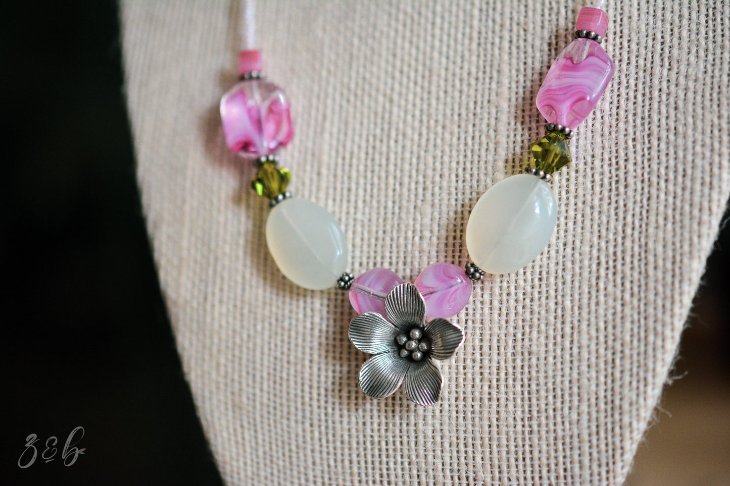 Spring Garden Necklace - Hill Tribe Sterling Silver Toggle And Clasp, Olivine Swarovski Crystals, Jade, Clear/Pink Czech Glass, Choker