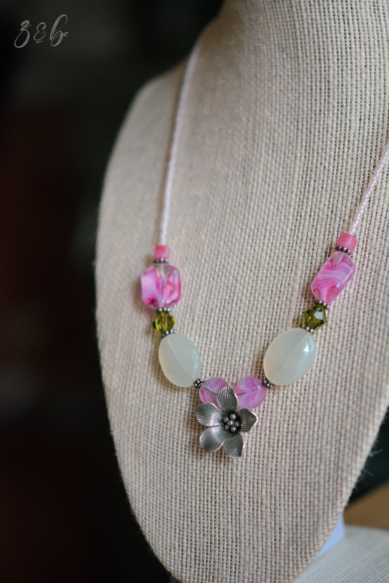 Spring Garden Necklace - Hill Tribe Sterling Silver Toggle And Clasp, Olivine Swarovski Crystals, Jade, Clear/Pink Czech Glass, Choker