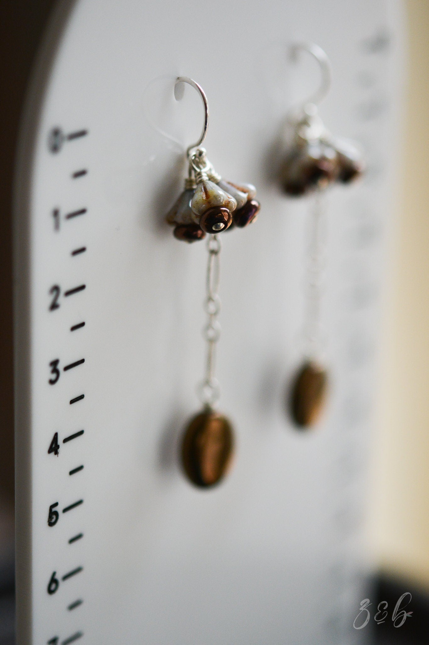 Gypsy Heart Earrings - Handmade, Sterling Silver, Opaque Grey, Metallic Bronze, Czech Glass Bell Flower Clusters