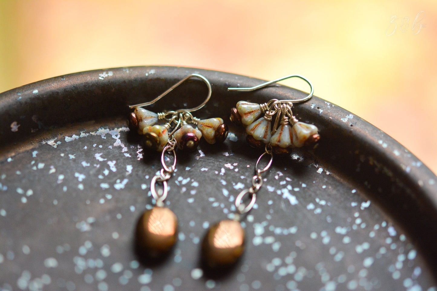 Gypsy Heart Earrings - Handmade, Sterling Silver, Opaque Grey, Metallic Bronze, Czech Glass Bell Flower Clusters