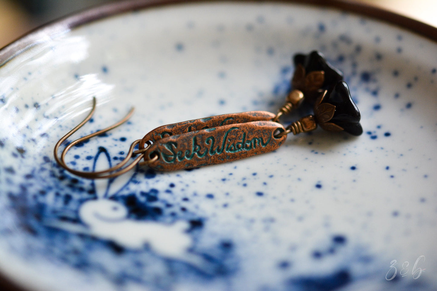 Seek Wisdom Earrings - Handmade, Vintaj Nickel, Lead Free, Pure Brass, Jet Black Czech Glass Trumpet Flowers, Seek Wisdom