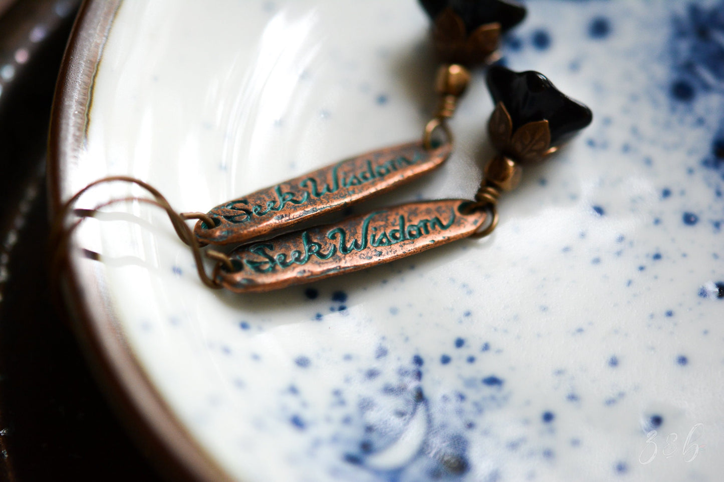 Seek Wisdom Earrings - Handmade, Vintaj Nickel, Lead Free, Pure Brass, Jet Black Czech Glass Trumpet Flowers, Seek Wisdom