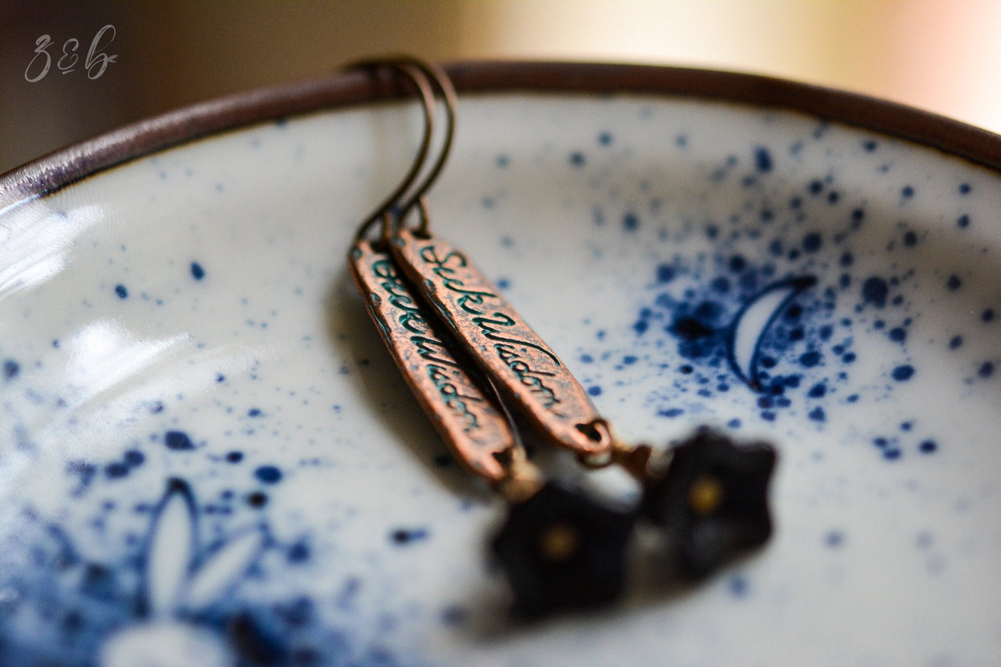 Seek Wisdom Earrings - Handmade, Vintaj Nickel, Lead Free, Pure Brass, Jet Black Czech Glass Trumpet Flowers, Seek Wisdom