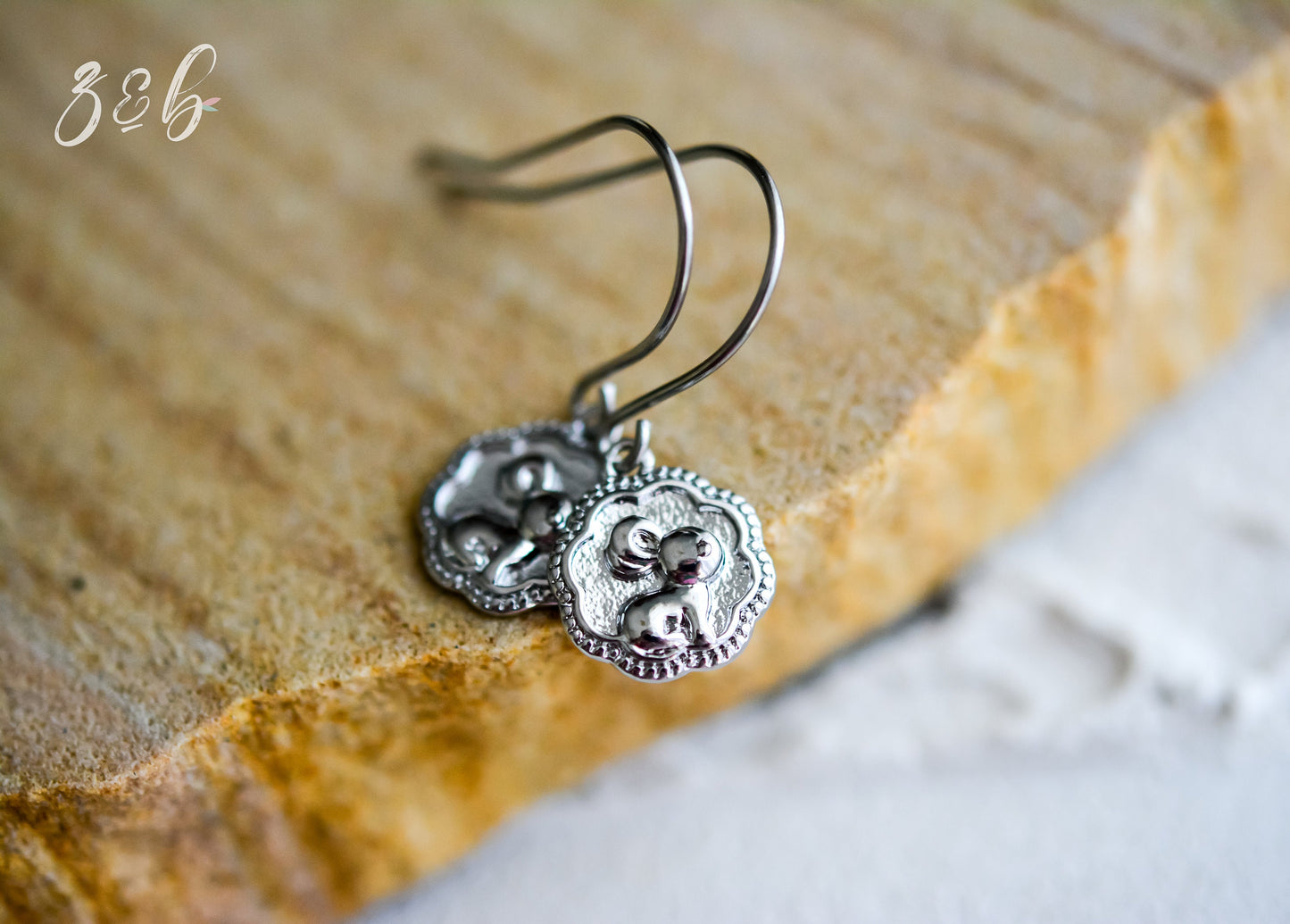 Bunny Friend Earrings - Handmade, Platinum, Stainless Steel, Flower, Rabbit Or Bunny Friend