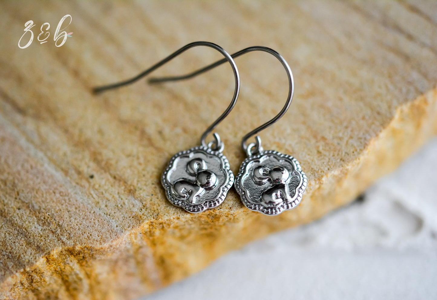 Bunny Friend Earrings - Handmade, Platinum, Stainless Steel, Flower, Rabbit Or Bunny Friend