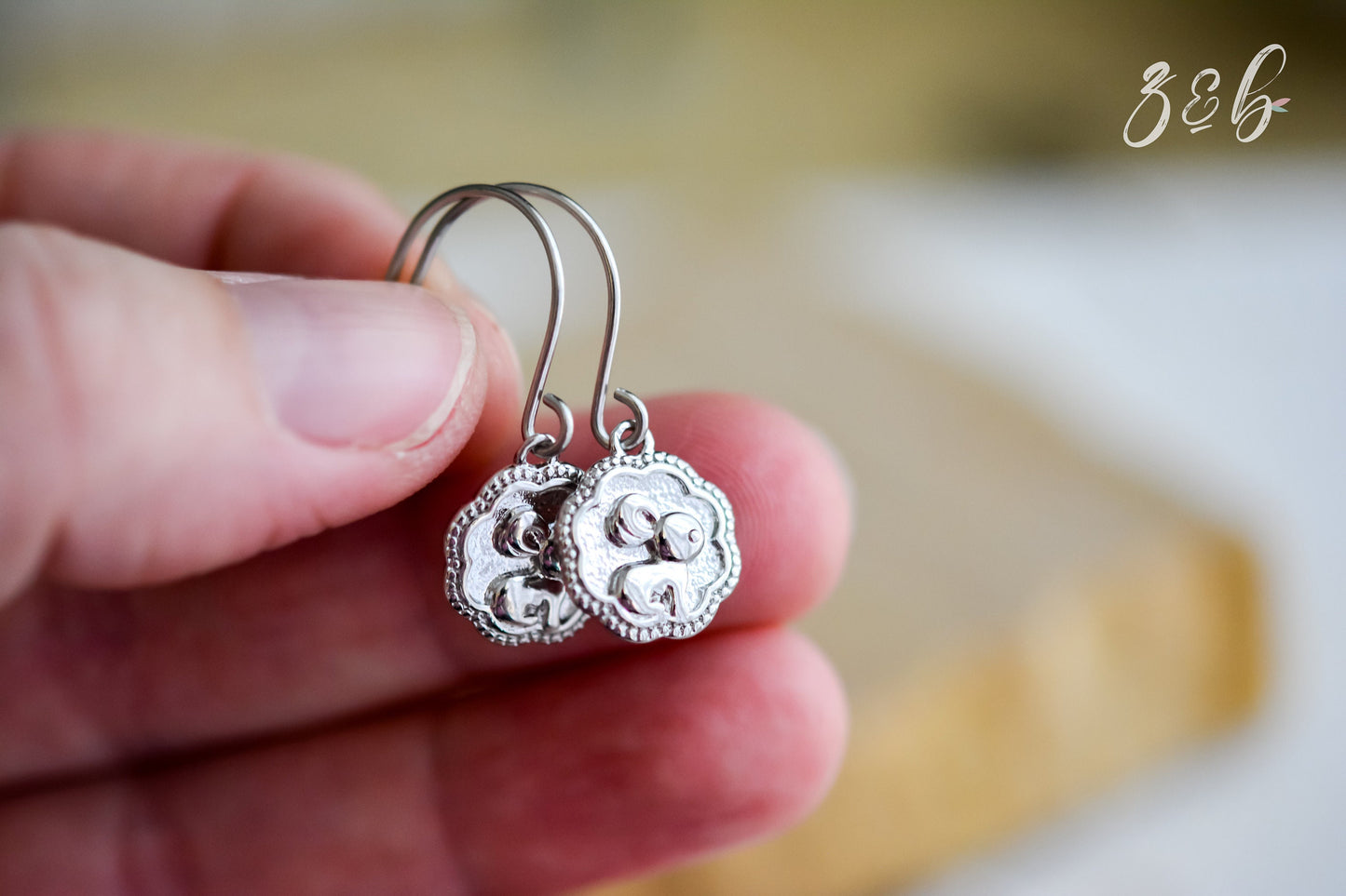 Bunny Friend Earrings - Handmade, Platinum, Stainless Steel, Flower, Rabbit Or Bunny Friend