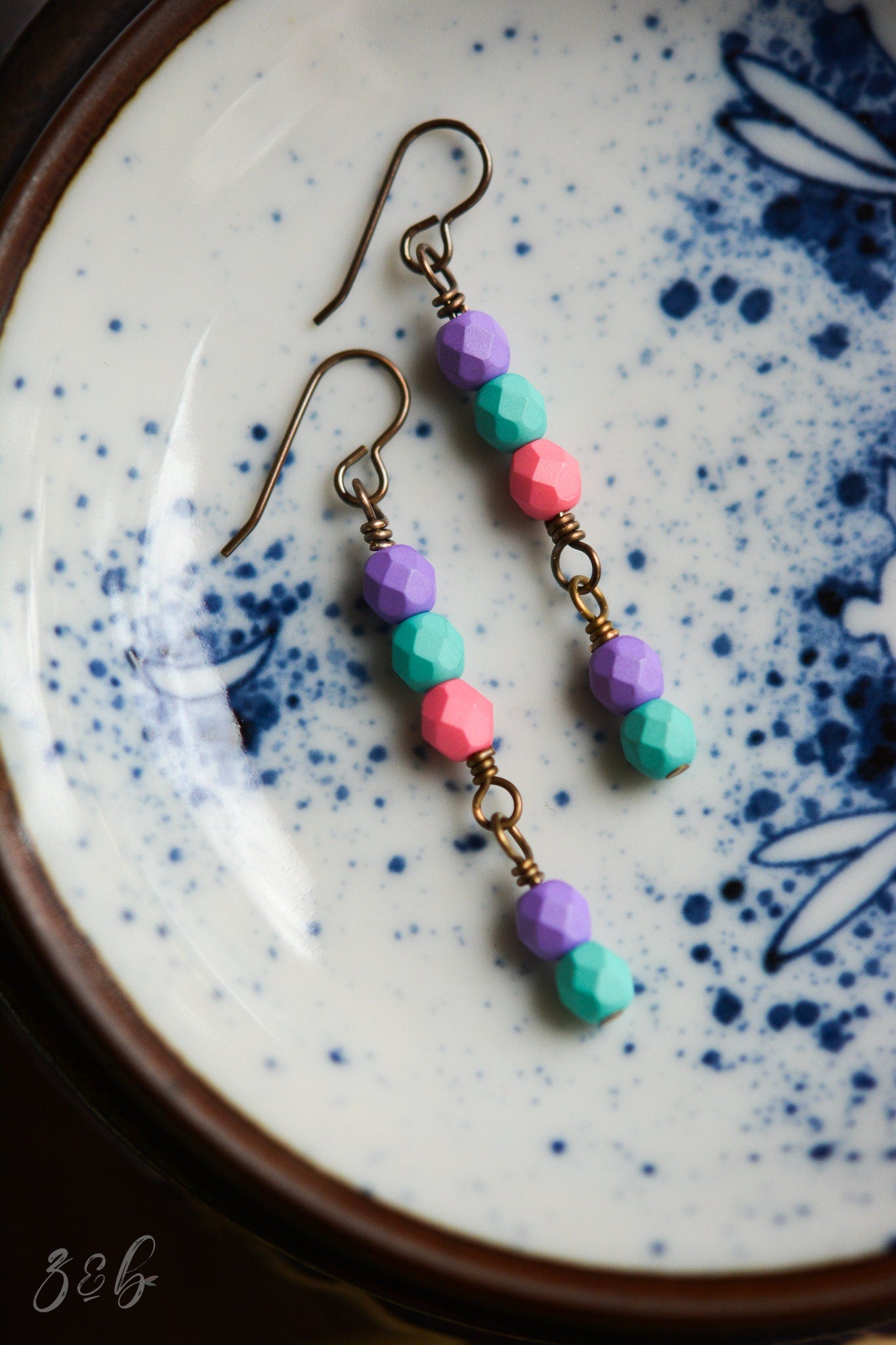 Pop Of Colour Earrings - Handmade, Vintaj Nickel And Lead Free Brass, Saturated Puple, Aqua, Pink Czech Glass
