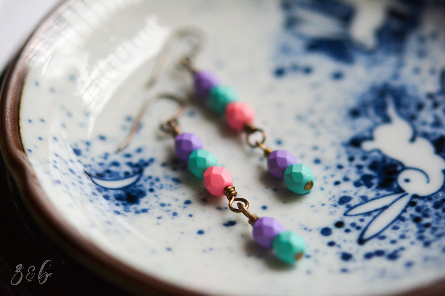 Pop Of Colour Earrings - Handmade, Vintaj Nickel And Lead Free Brass, Saturated Puple, Aqua, Pink Czech Glass