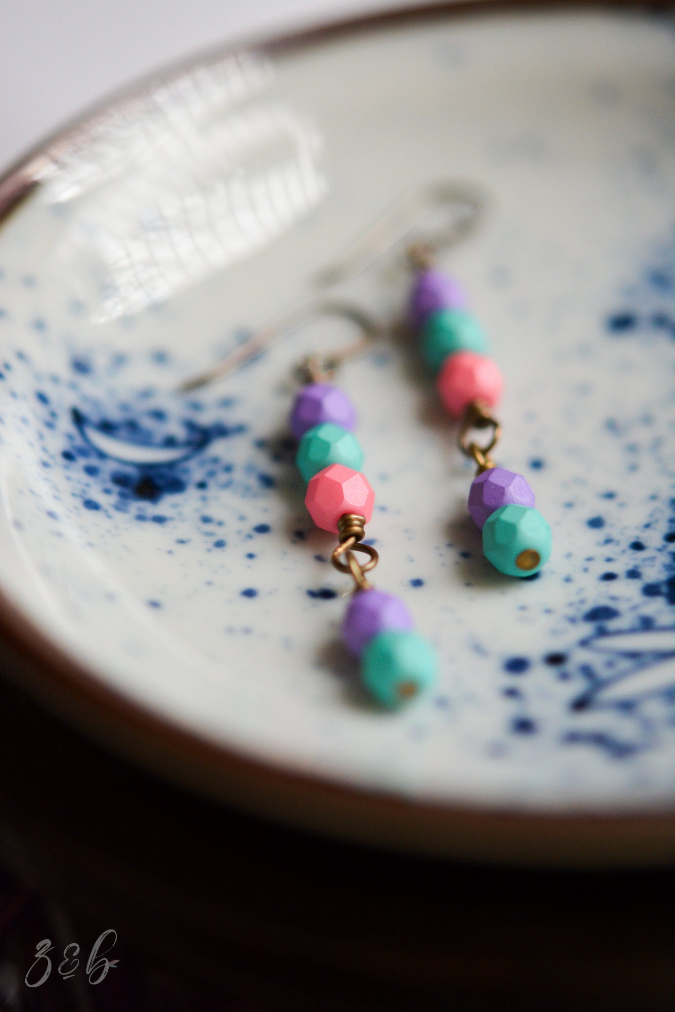 Pop Of Colour Earrings - Handmade, Vintaj Nickel And Lead Free Brass, Saturated Puple, Aqua, Pink Czech Glass