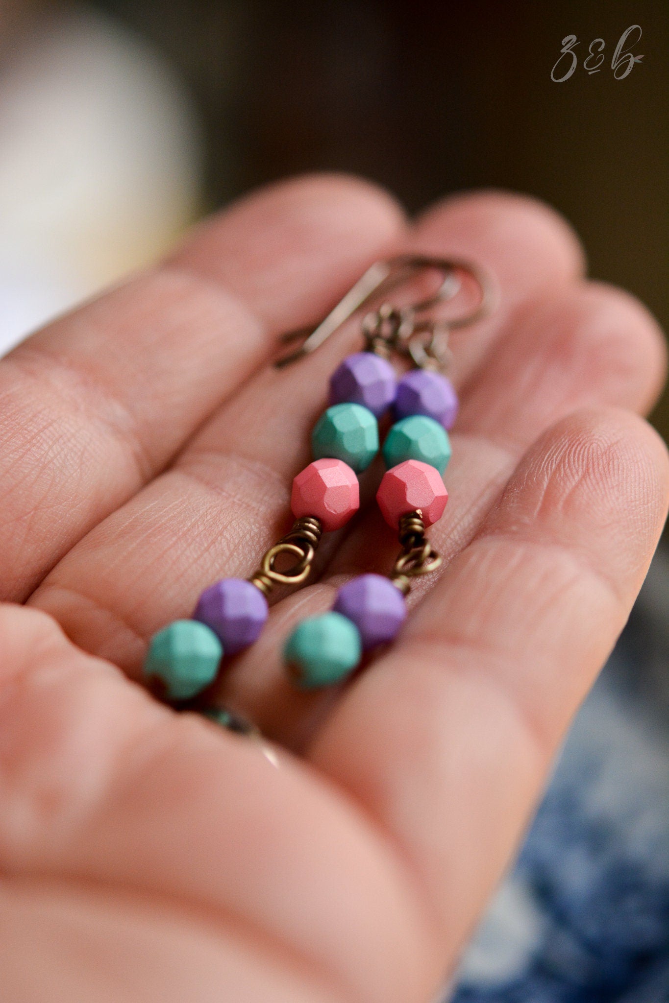 Pop Of Colour Earrings - Handmade, Vintaj Nickel And Lead Free Brass, Saturated Puple, Aqua, Pink Czech Glass