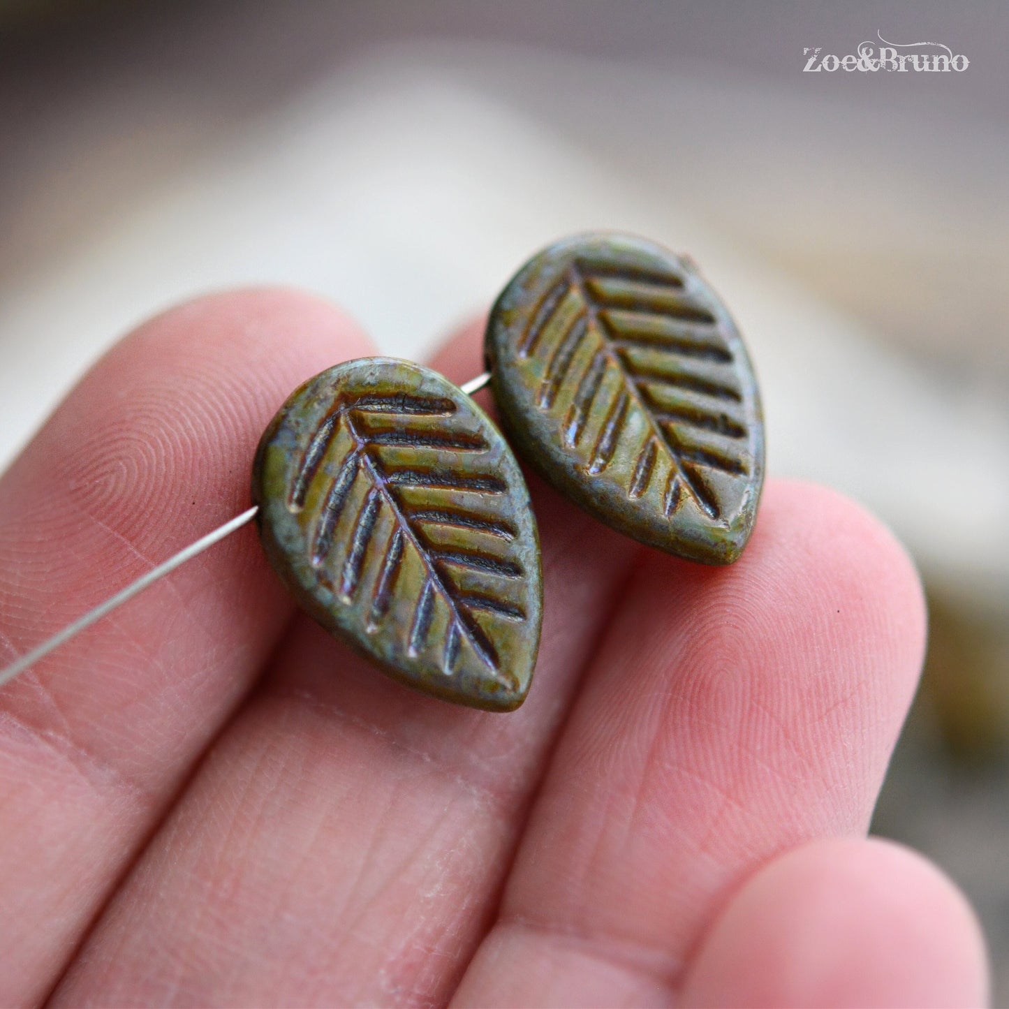 6 Opaque Artichoke, Olive Green, Coral Red Picasso Finish, Premium Czech Glass, Leaf Beads 12x16mm
