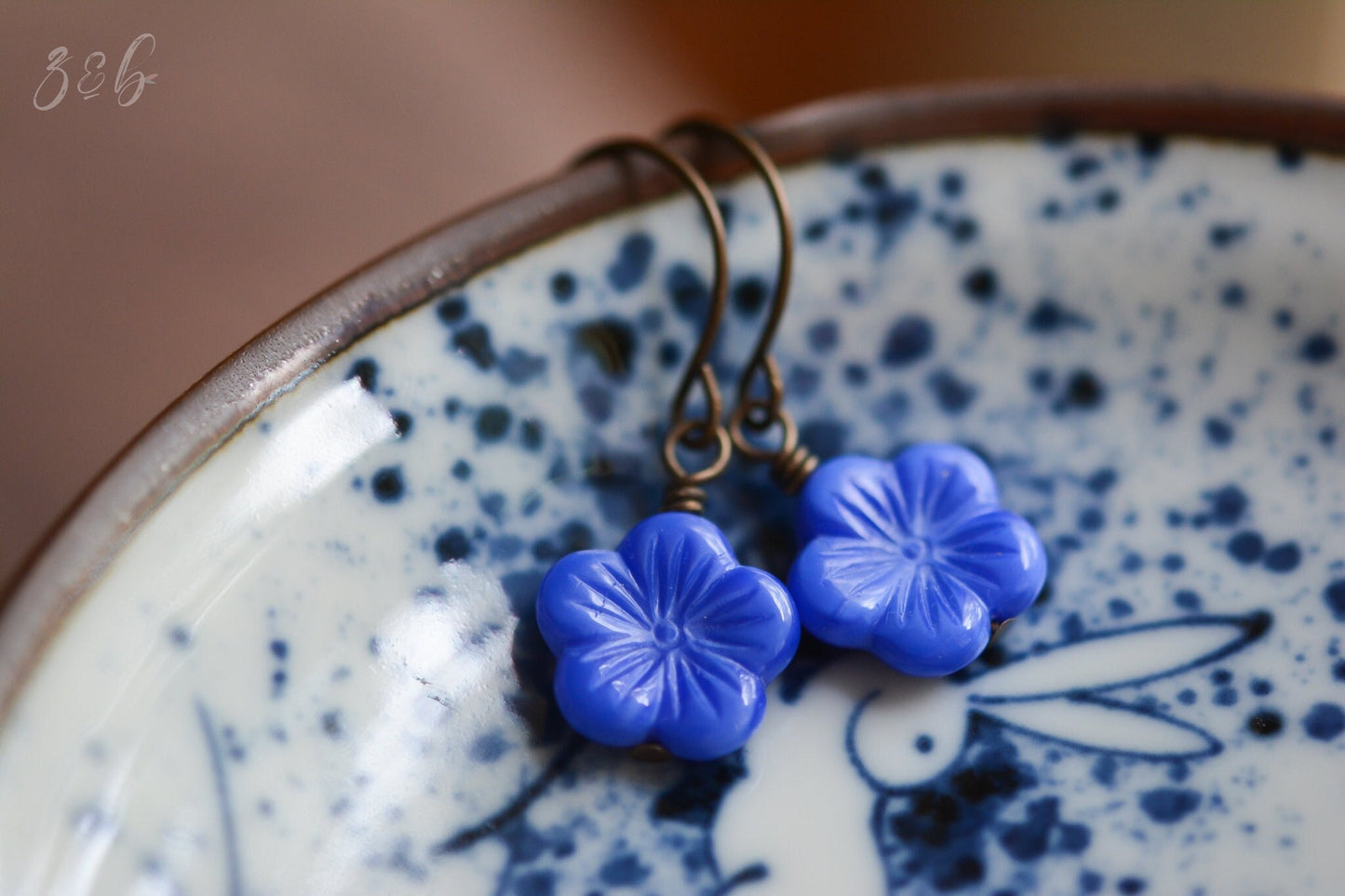 Royal Blue Earrings - Handmade, Vintaj Brass, Nickel Free, Lead Free, Pure Brass, Opaque Royal Blue, Czech Glass Blossom Flowers