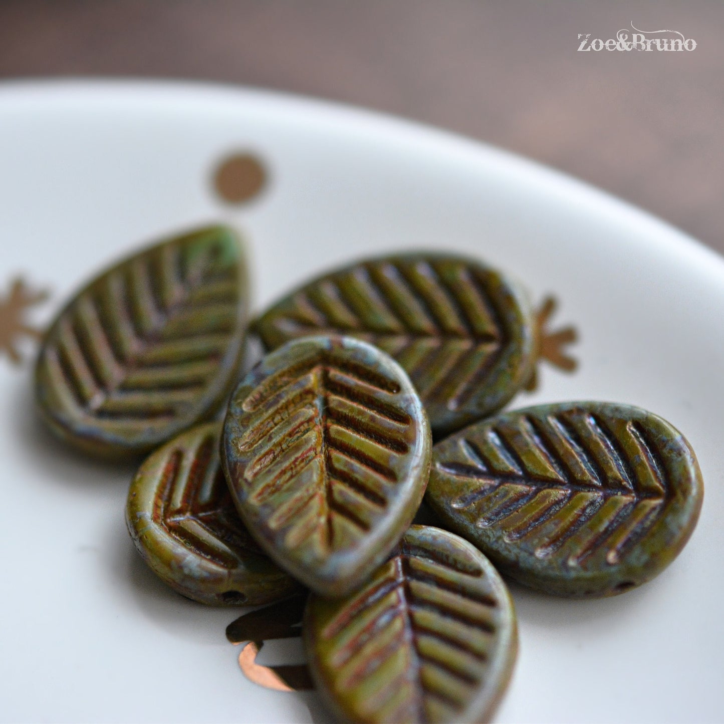 6 Opaque Artichoke, Olive Green, Coral Red Picasso Finish, Premium Czech Glass, Leaf Beads 12x16mm