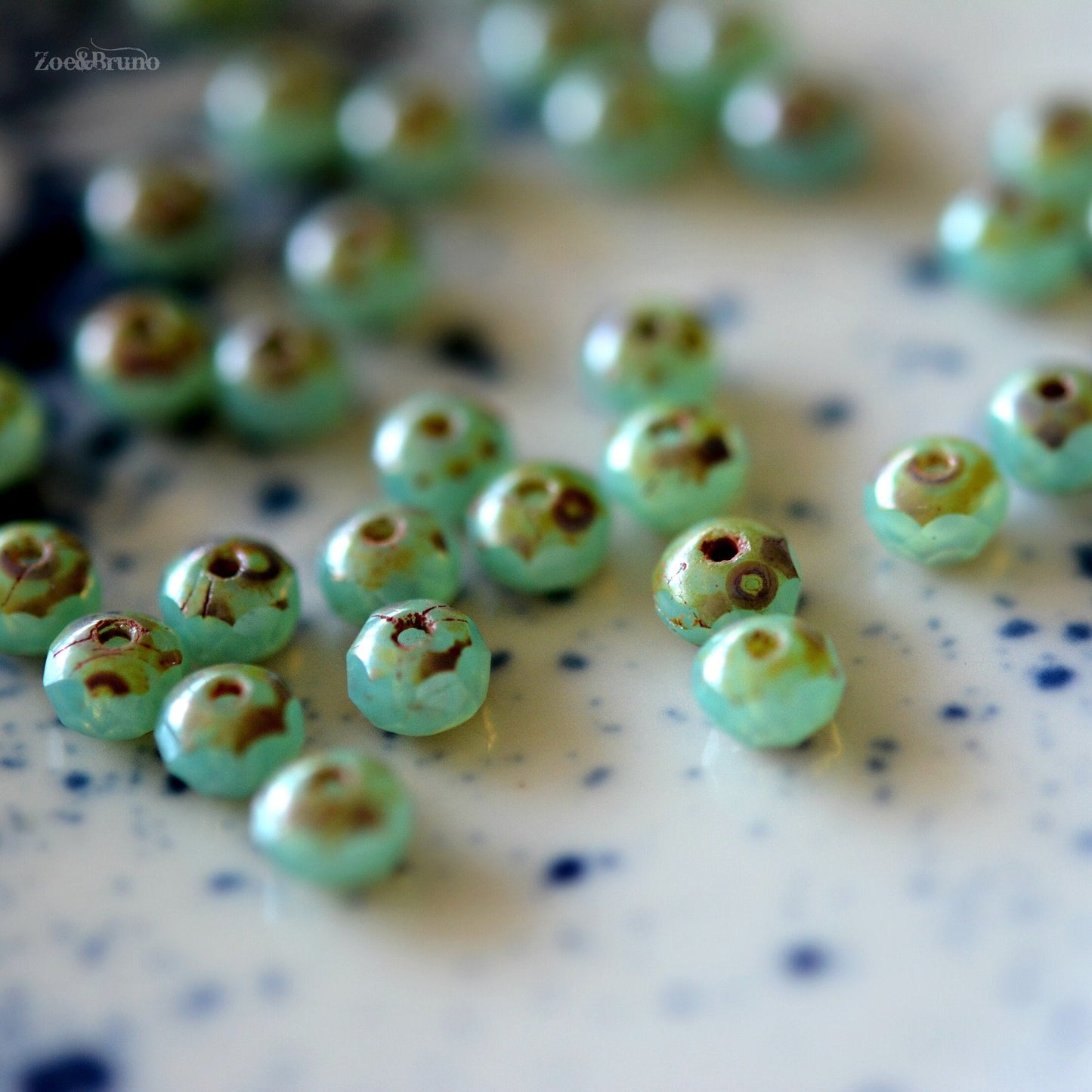 15 Semi-Opaque Tea Green, Picasso Finish, Premium Czech Glass, Facet Rondelle Beads 5x7mm