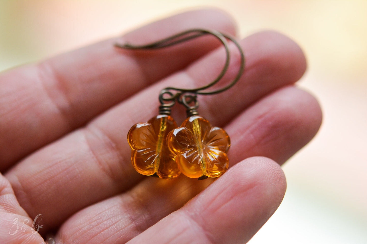 Amber Skies Earrings - Handmade, Vintaj Brass, Nickel Free, Lead Free, Pure Brass, Amber Czech Glass Flower