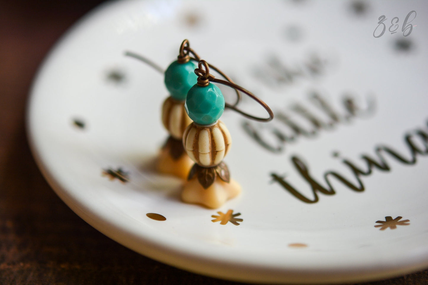 Vintage Bella Earrings - Vintaj Brass, Nickel Free, Lead Free, Turquoise, Matte Opaque Beige, Czech Glass, Vintage Lucite Beads