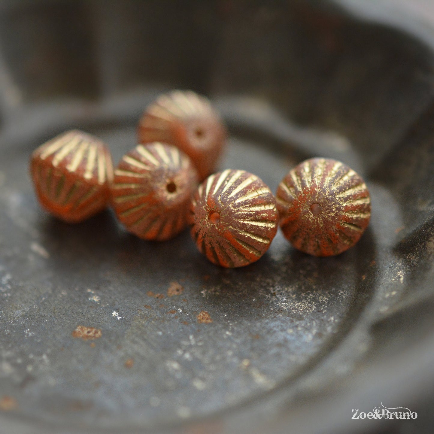 6 Matte Transparent Orange, Etched Metallic Gold Wash, Premium Czech Glass, Tribal Bicone Beads 11mm