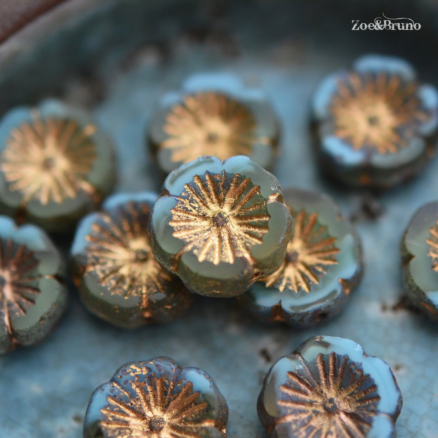 6 Opaque Sky Blue, Translucent Yellow, Metallic Bronze Finish, Gold Wash, Premium Czech Glass, Hibiscus Flower Beads 14mm