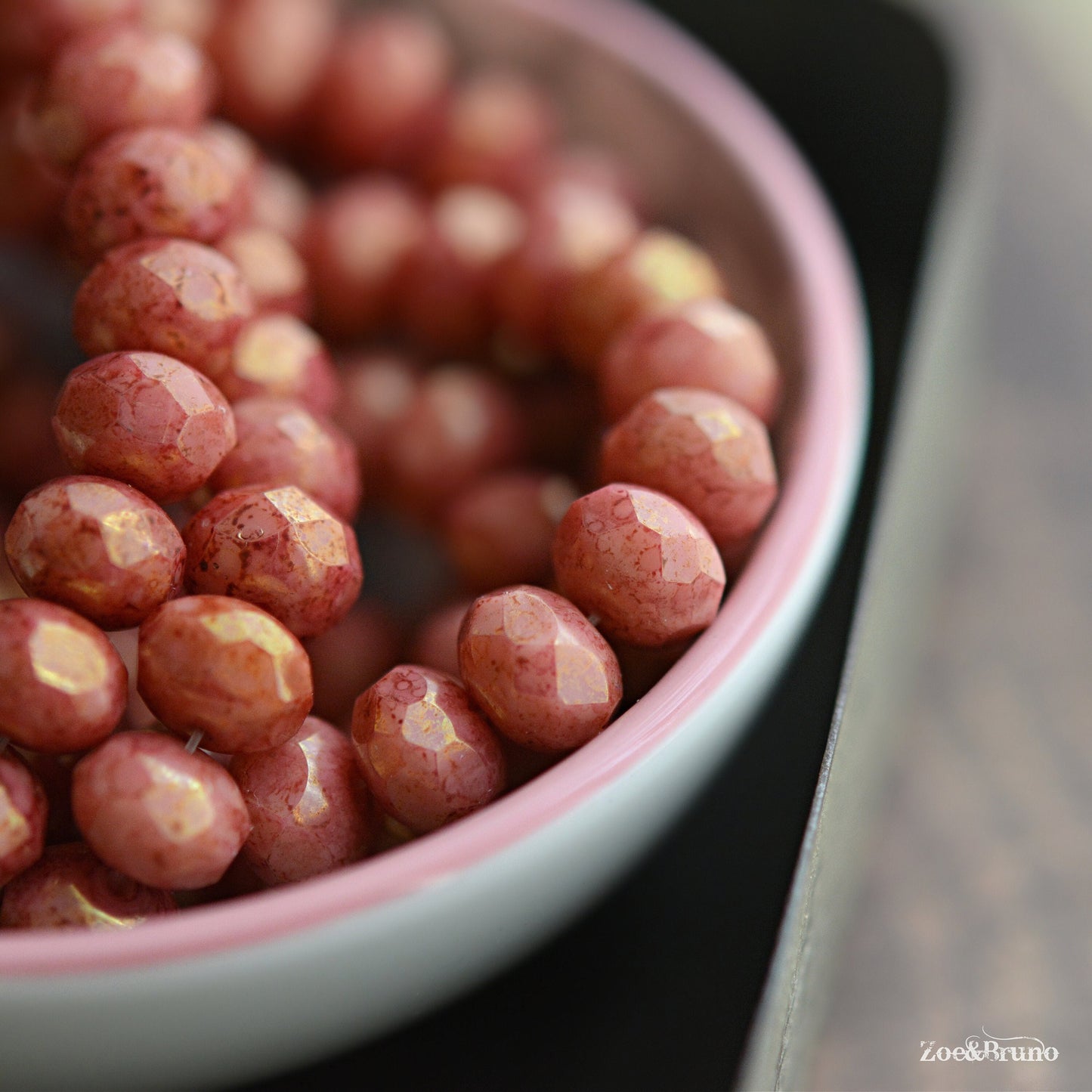 10 Opaque Salmon, Metallic Gold Luster, Pink Picasso Finish, Premium Czech Glass, Facet Rondelle Beads 6x8mm.