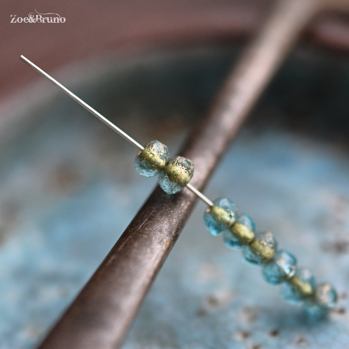 30 Translucent Baby Blue, Etched Metallic Gold Wash, Premium Czech Glass, Facet Rondelle Beads 3x5mm.