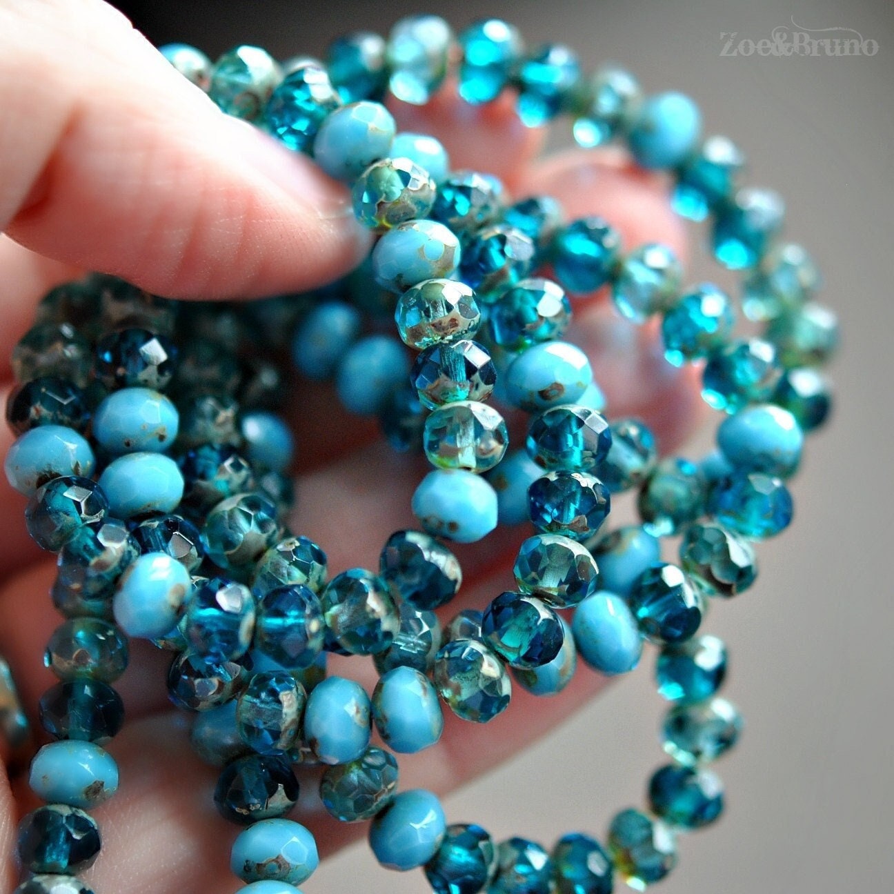 15 Transparent Aqua, Capri Blue, Opaque Baby Blue, Picasso Finish, Premium Czech Glass, Facet Rondelle Bead Mix 7x5mm