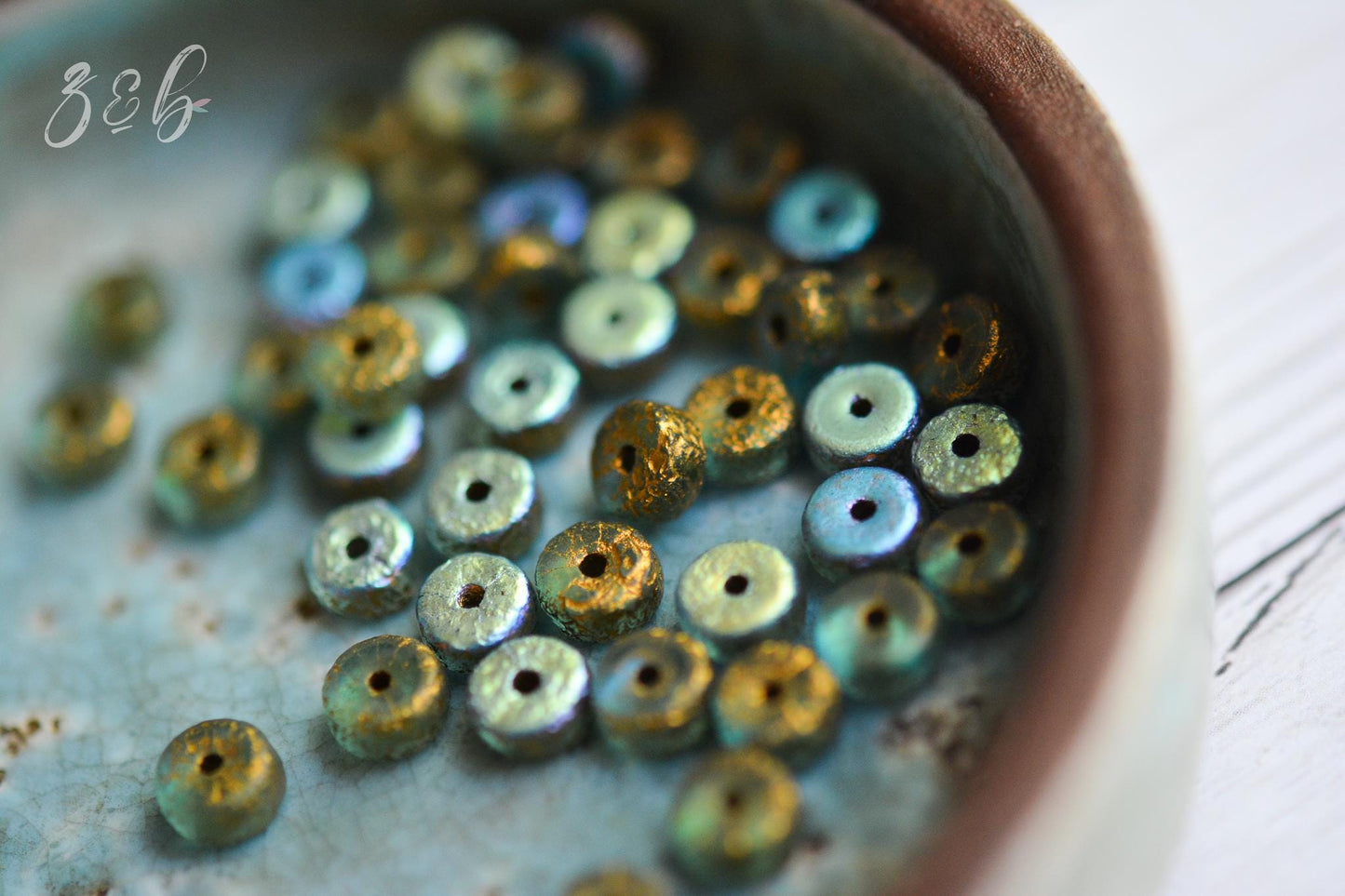 30 Translucent Baby Blue, Etched Metallic Gold, Aurora Borealis Finish, Premium Czech Glass, Heishi Beads 3x6mm.